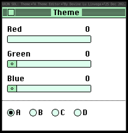 screenshot of my own Uxn/varvara emulator (uxjn) running the theme.rom application. the window title says "UXJN SDL: Theme, A Theme Editor, By Devine Lu Linvega, 25 Dec 202...". the application itself starts with the mint-green classic-mac style window title bar with the word "Theme" in it, three sliders for red/green/blue, and four radio buttons to select the theme components A/B/C/D